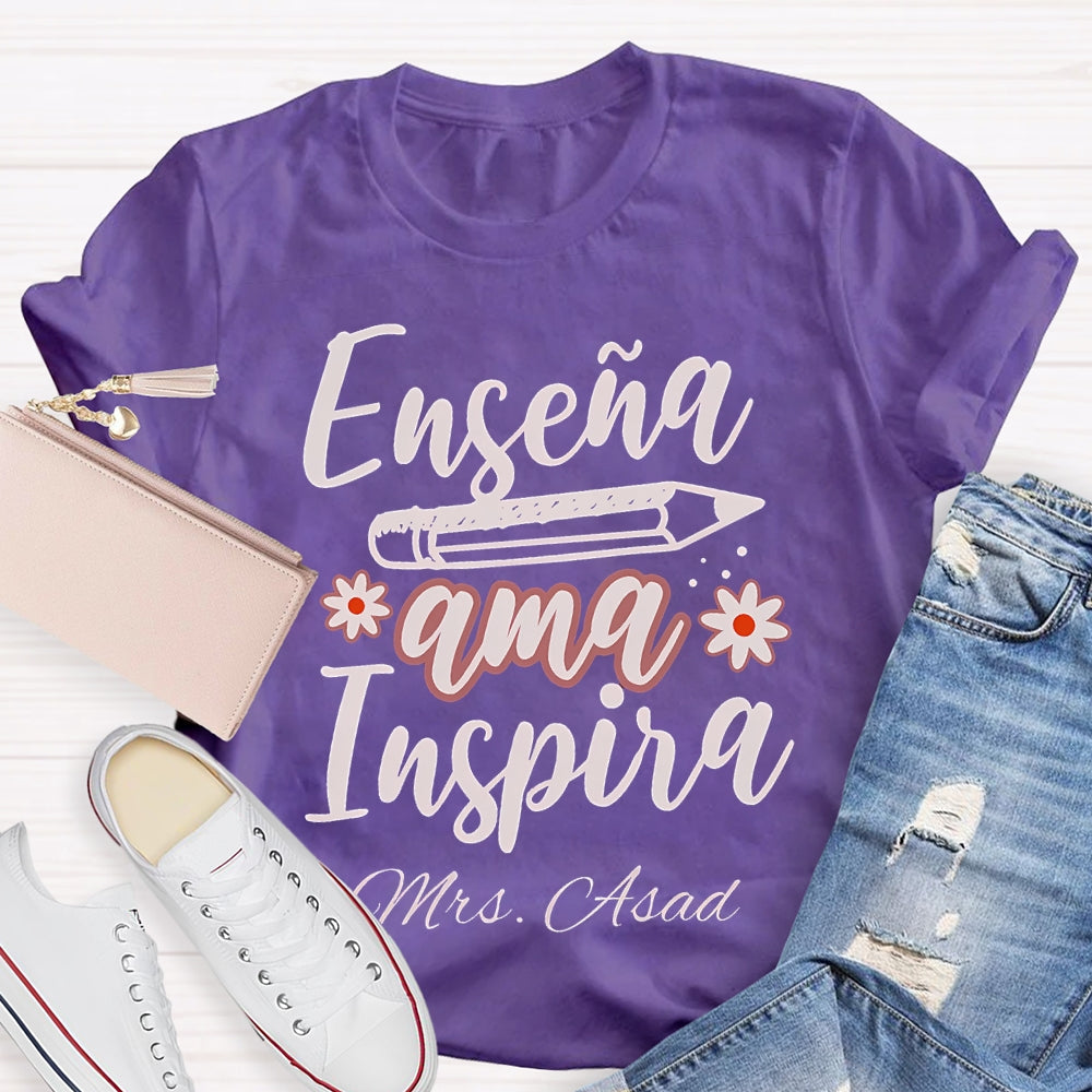 Personalized Name Ama Enseña Inspira Spanish Teacher T-shirt