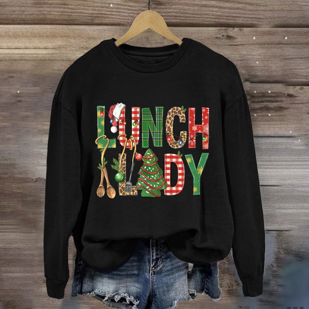 Christmas Lunch Lady Colorful Plaid Print Sweatshirt