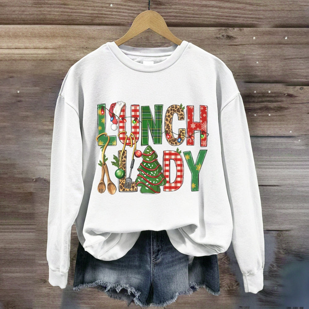 Christmas Lunch Lady Colorful Plaid Print Sweatshirt