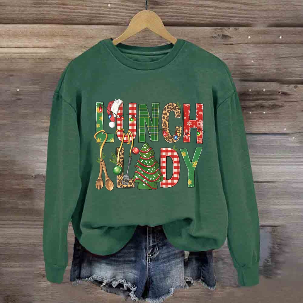 Christmas Lunch Lady Colorful Plaid Print Sweatshirt