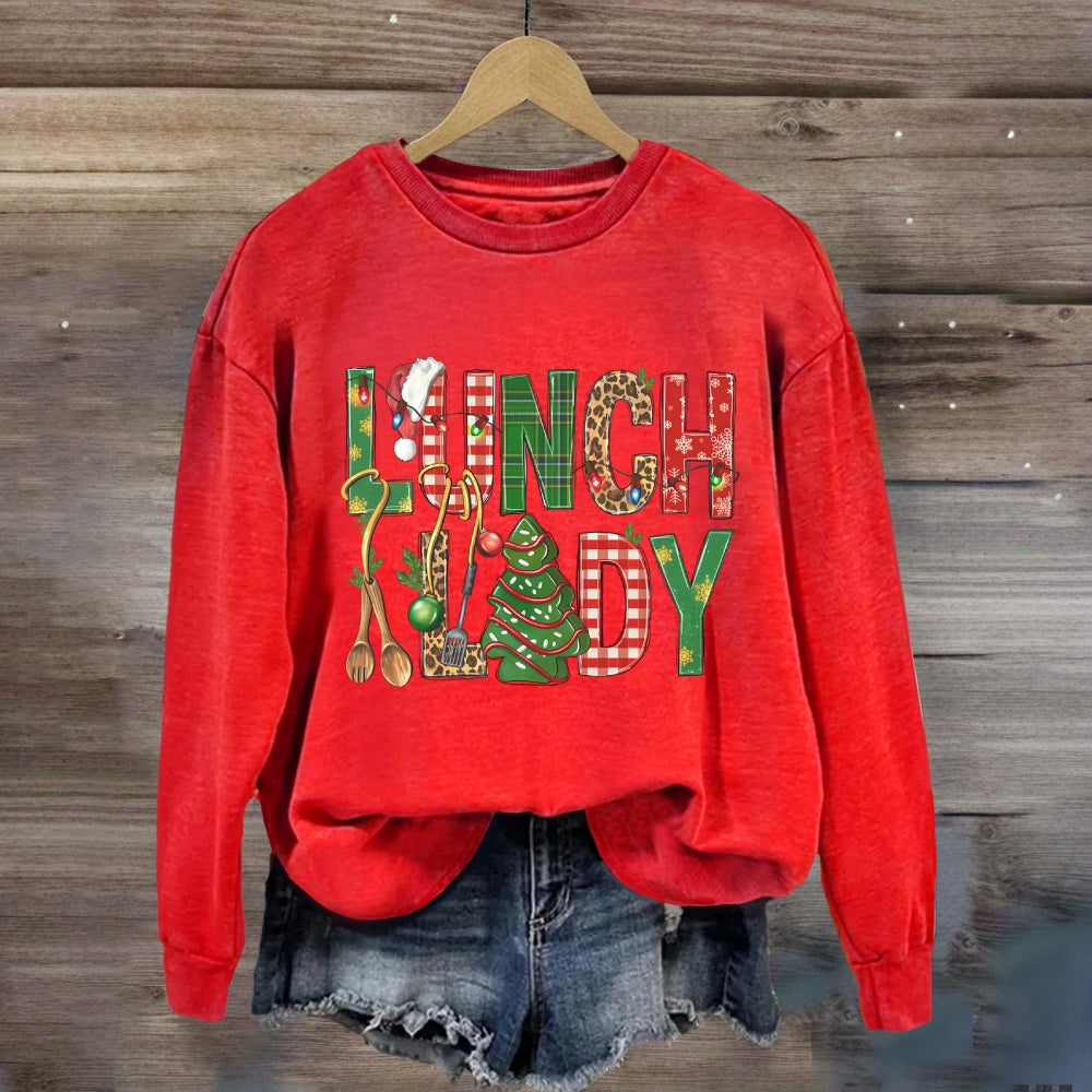 Christmas Lunch Lady Colorful Plaid Print Sweatshirt