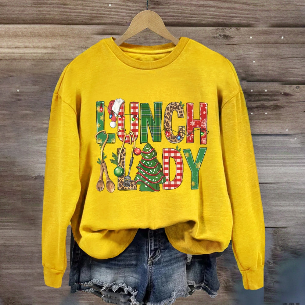 Christmas Lunch Lady Colorful Plaid Print Sweatshirt