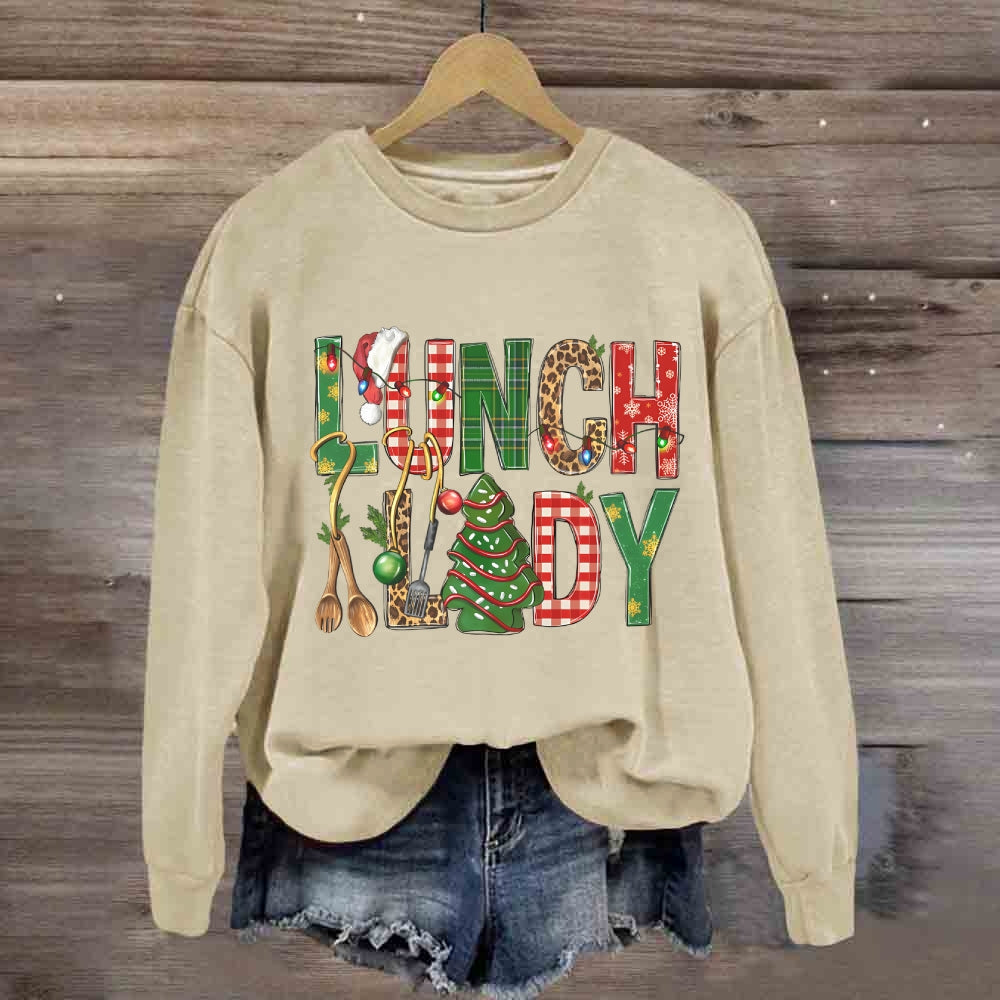 Christmas Lunch Lady Colorful Plaid Print Sweatshirt