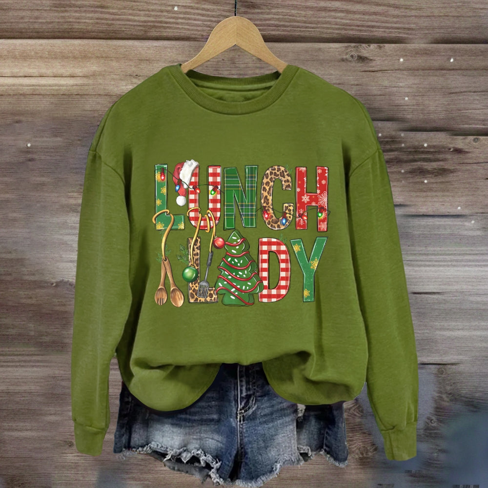 Christmas Lunch Lady Colorful Plaid Print Sweatshirt