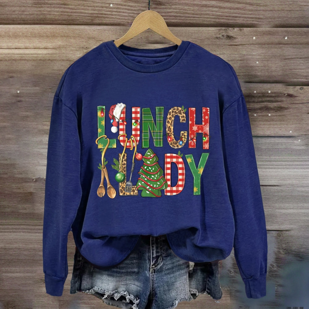 Christmas Lunch Lady Colorful Plaid Print Sweatshirt