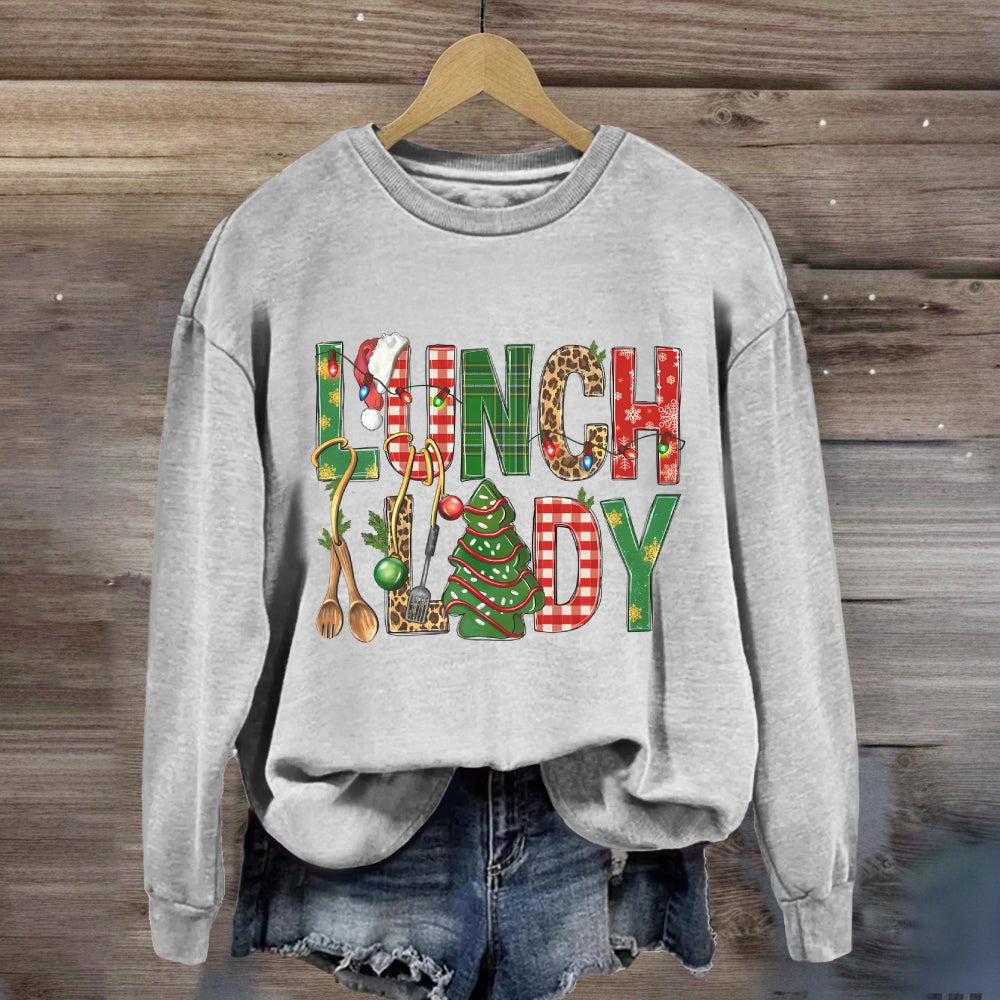 Christmas Lunch Lady Colorful Plaid Print Sweatshirt
