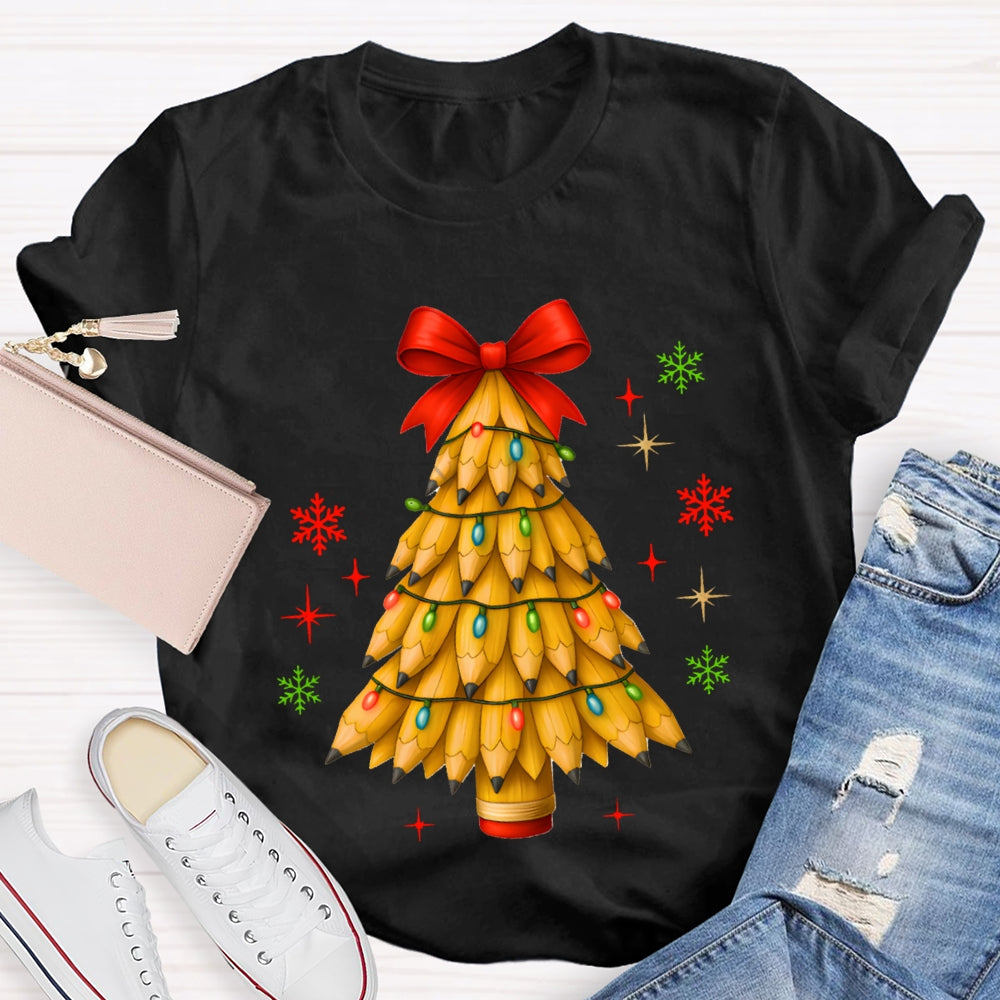 Pencil Christmas Tree Red Bow T-shirt