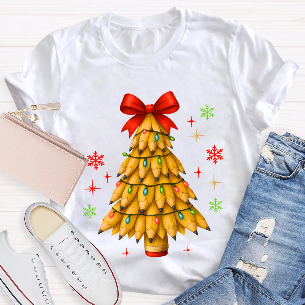 Pencil Christmas Tree Red Bow T-shirt