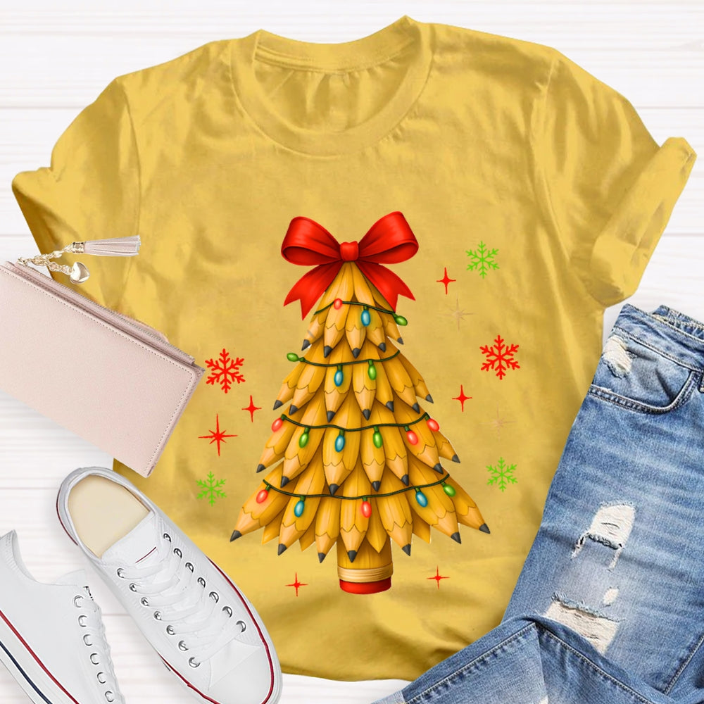 Pencil Christmas Tree Red Bow T-shirt