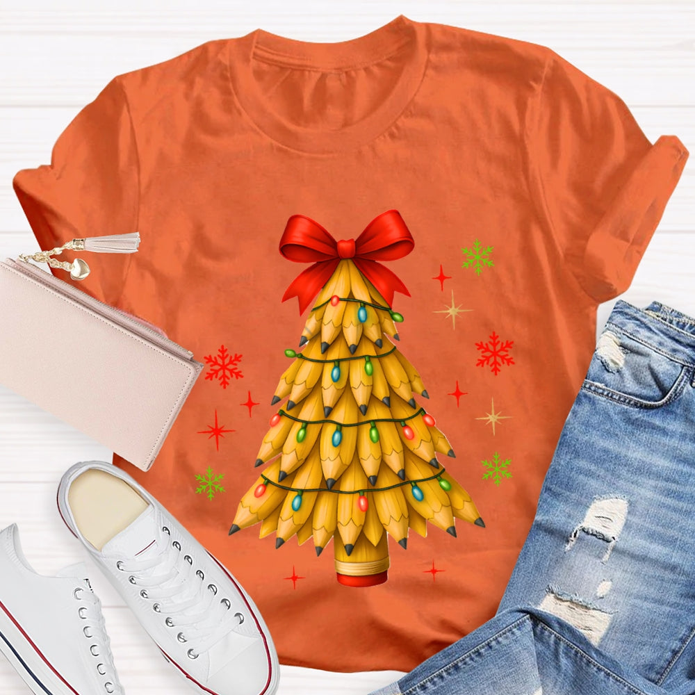 Pencil Christmas Tree Red Bow T-shirt