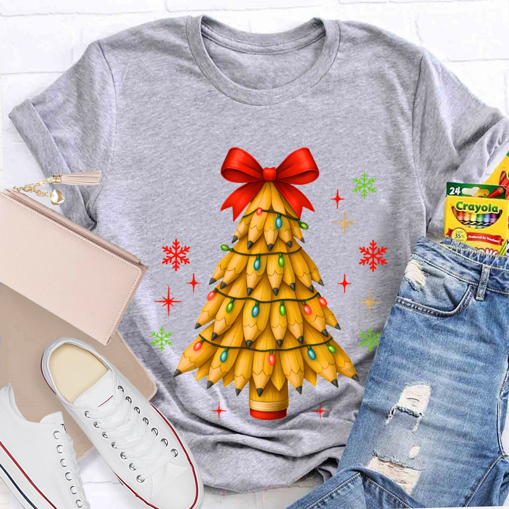 Pencil Christmas Tree Red Bow T-shirt