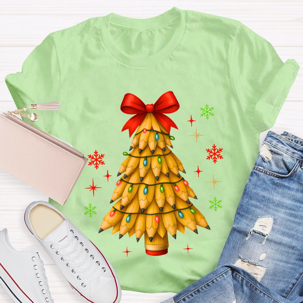 Pencil Christmas Tree Red Bow T-shirt