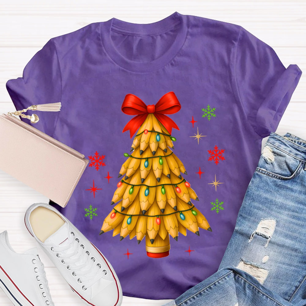 Pencil Christmas Tree Red Bow T-shirt
