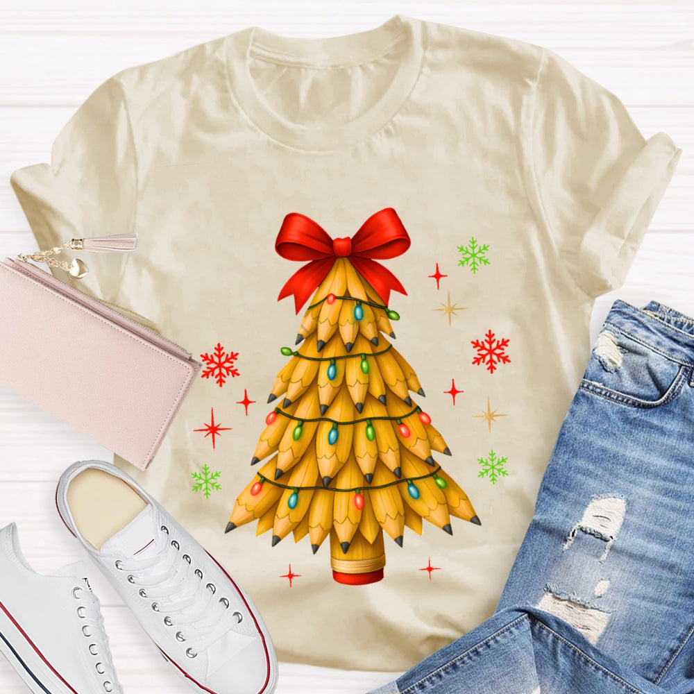 Pencil Christmas Tree Red Bow T-shirt