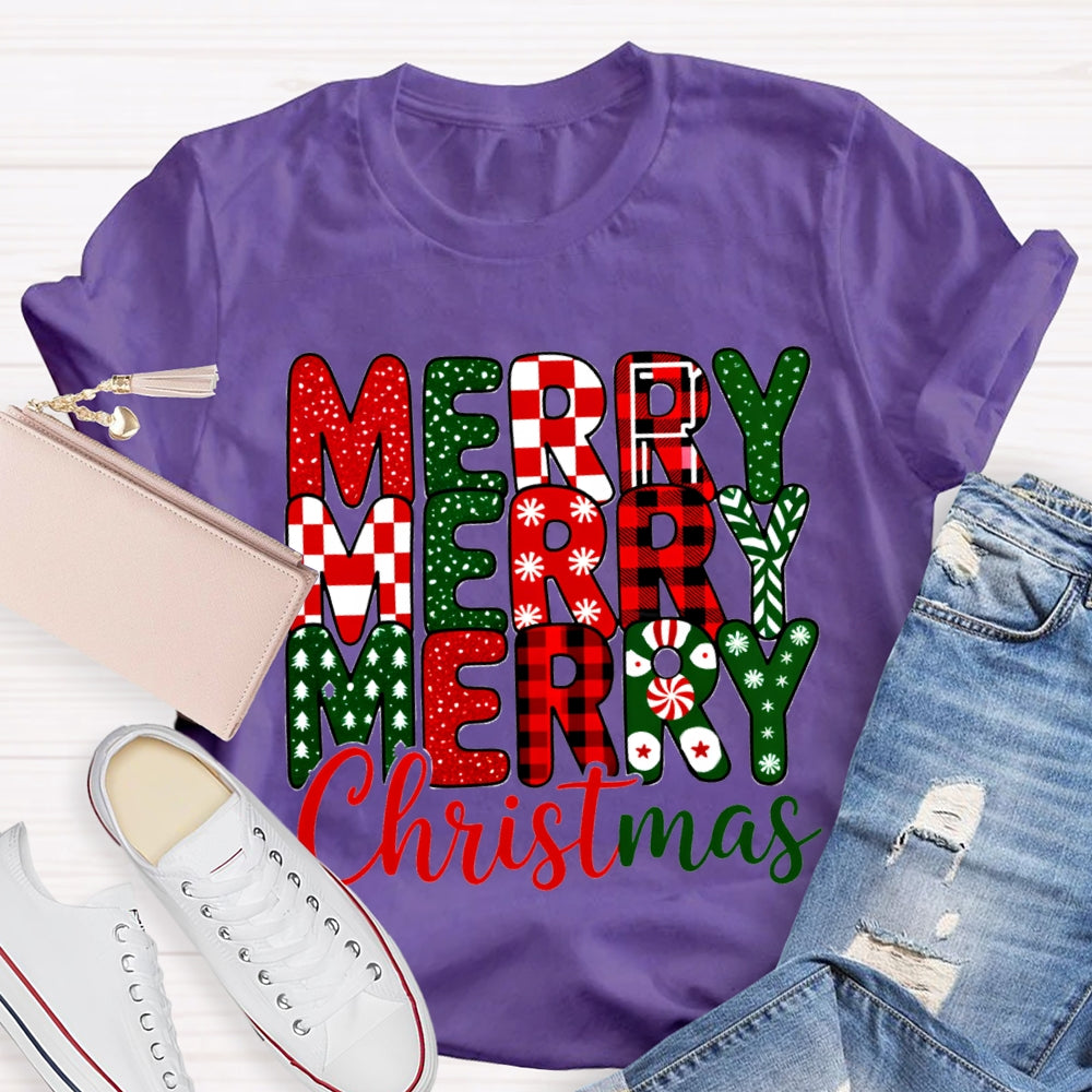 Merry Christmas Plaid Snowflakes T-Shirt