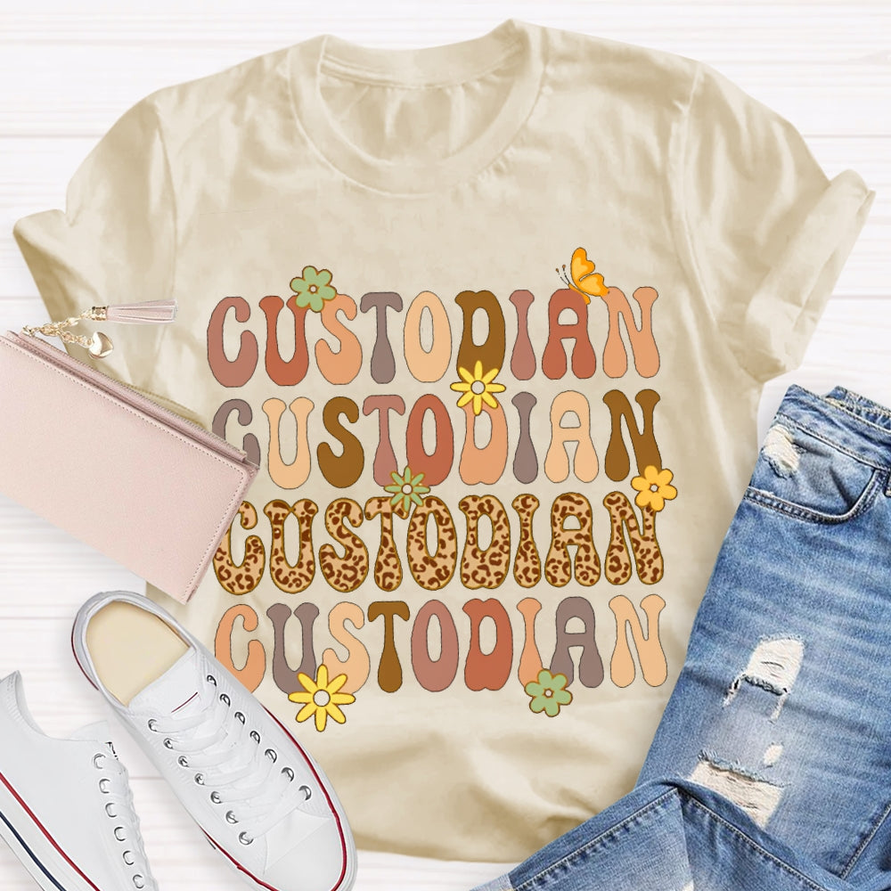 Custodian Leopard Print And Colorful Fonts T-shirt
