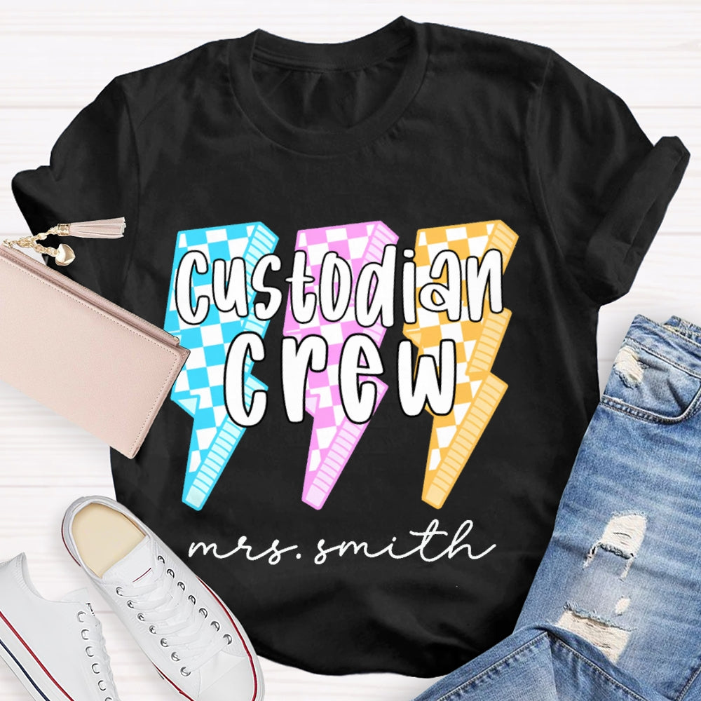 Personalized Name Custodian Crew Leopard Lightning Print T-shirt