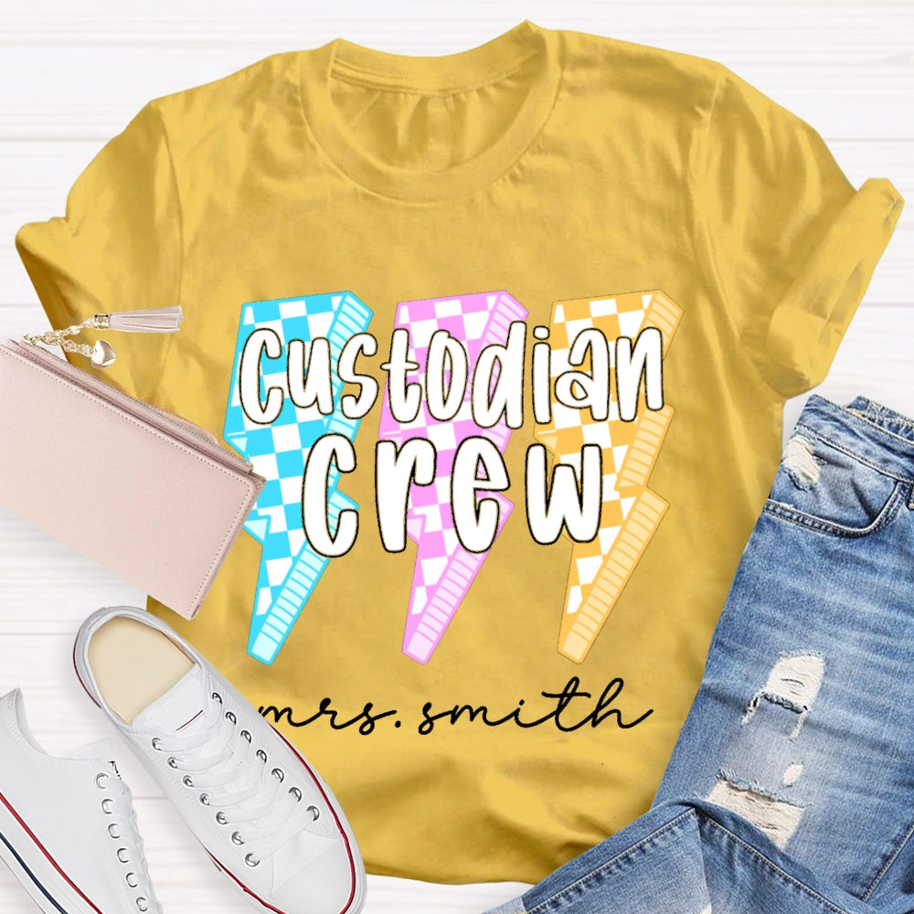 Personalized Name Custodian Crew Leopard Lightning Print T-shirt