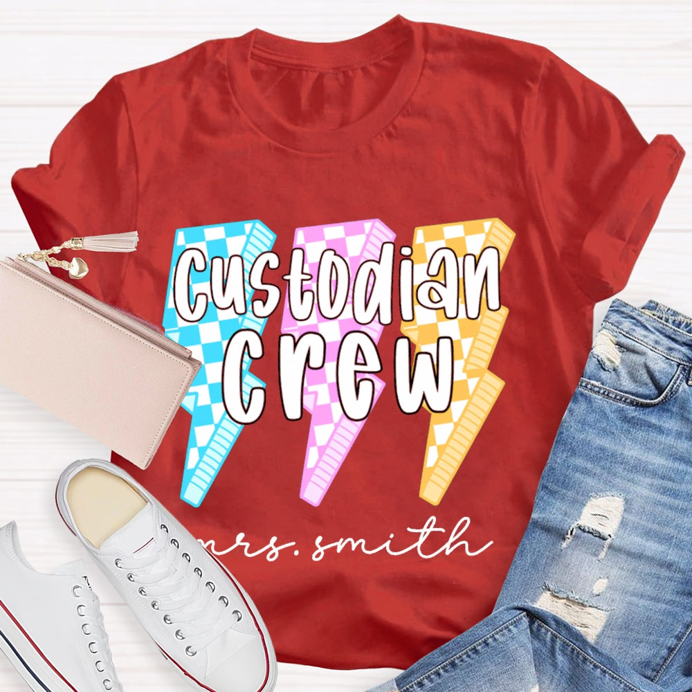 Personalized Name Custodian Crew Leopard Lightning Print T-shirt