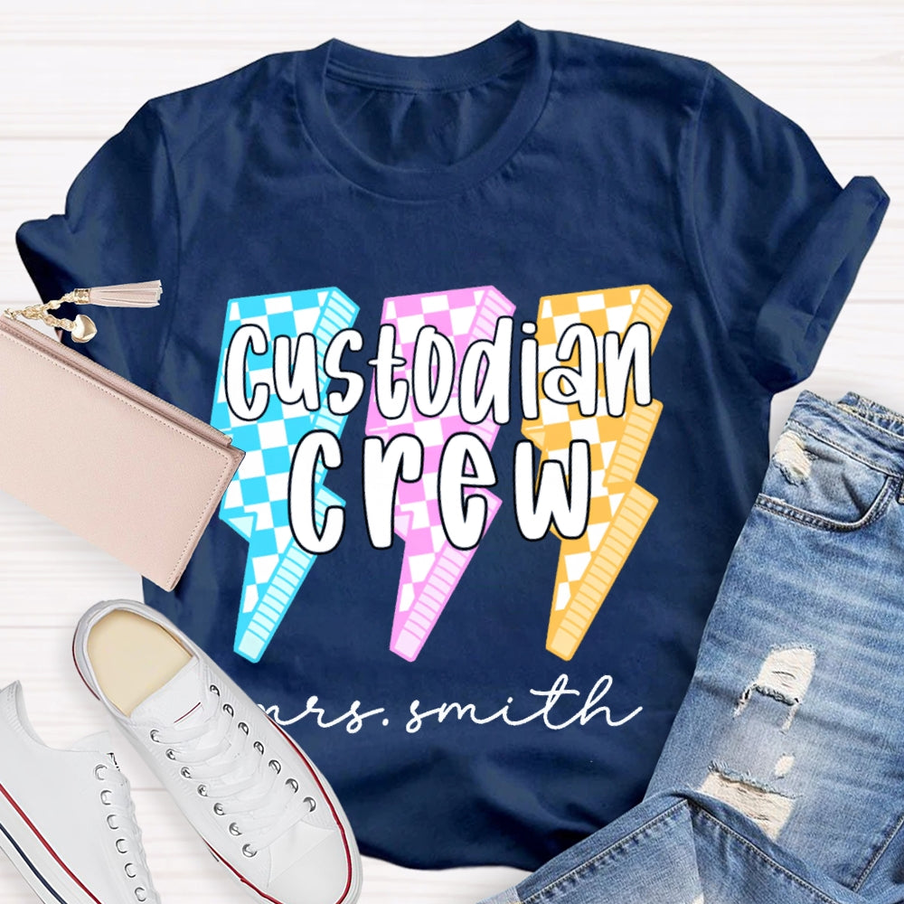 Personalized Name Custodian Crew Leopard Lightning Print T-shirt