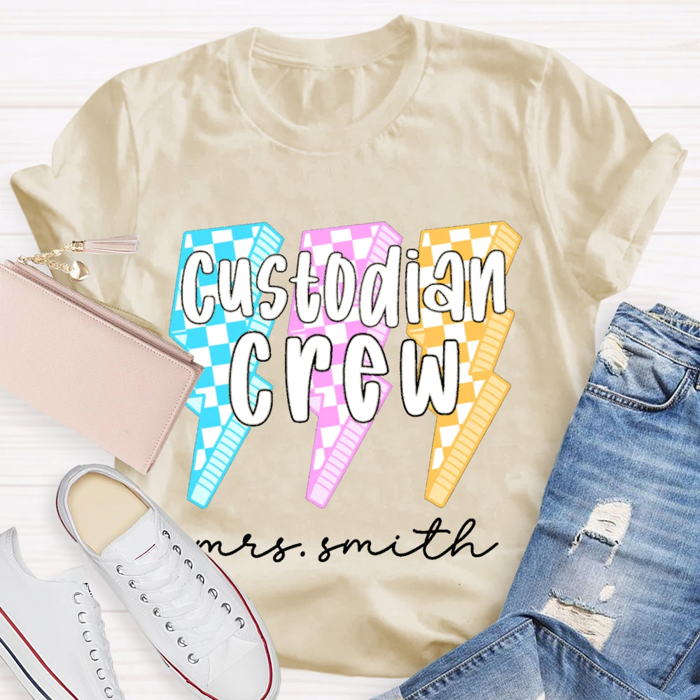 Personalized Name Custodian Crew Leopard Lightning Print T-shirt
