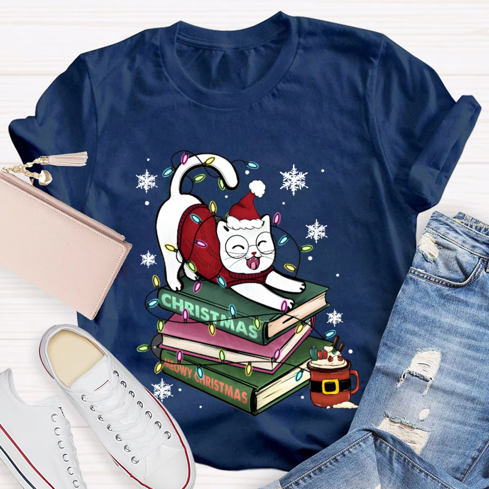 Christmas Books And Cat Wearing Santa Hat Snowflakes And Christmas Lights T-shirt