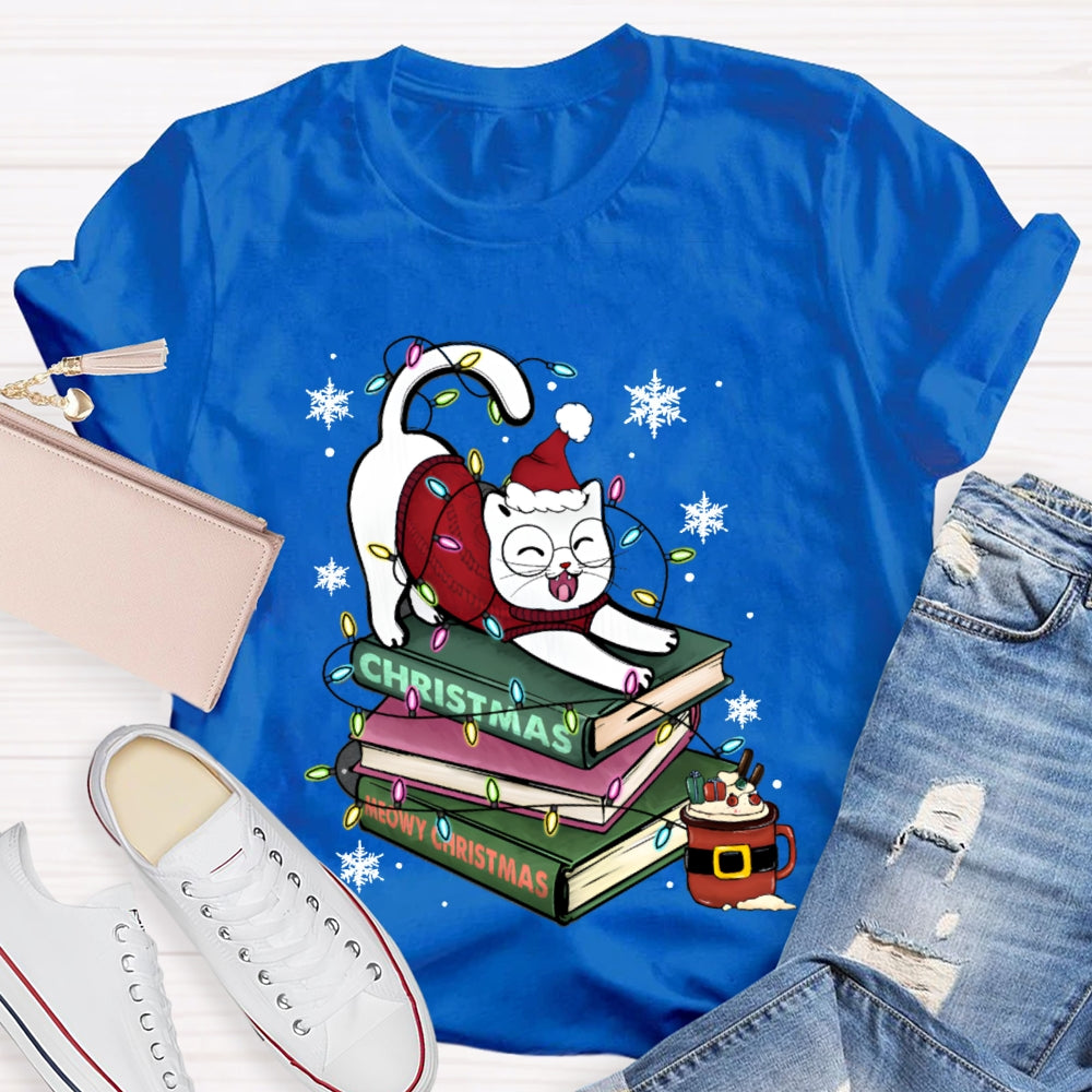 Christmas Books And Cat Wearing Santa Hat Snowflakes And Christmas Lights T-shirt