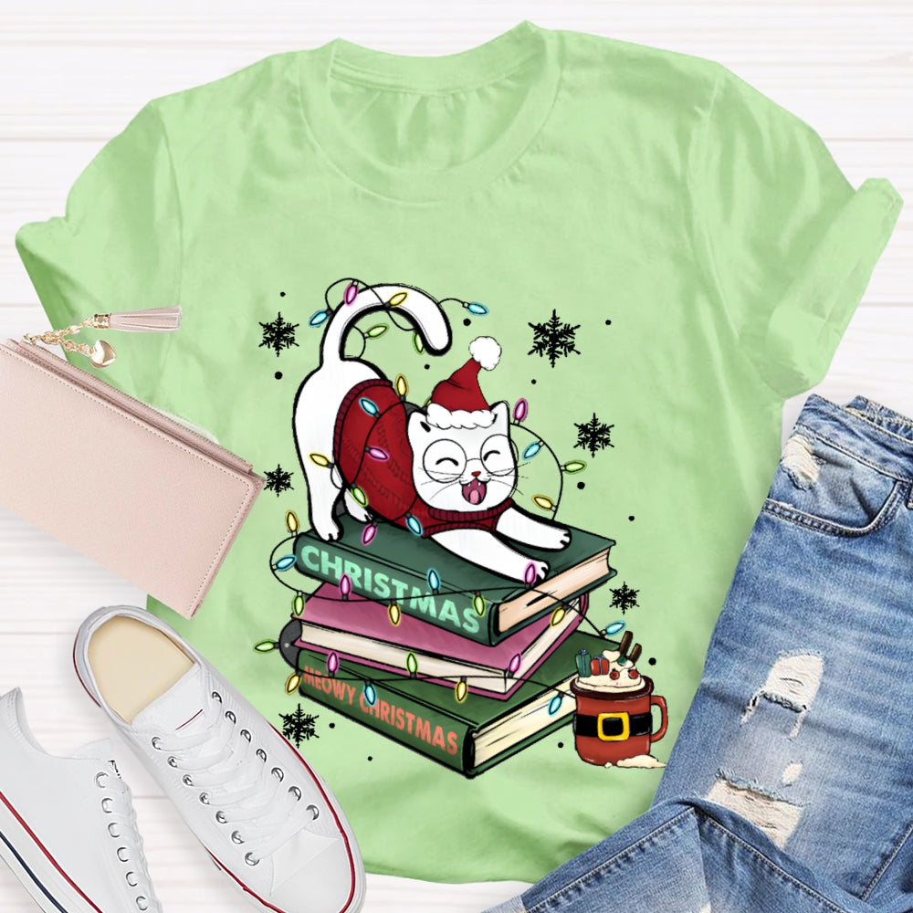 Christmas Books And Cat Wearing Santa Hat Snowflakes And Christmas Lights T-shirt