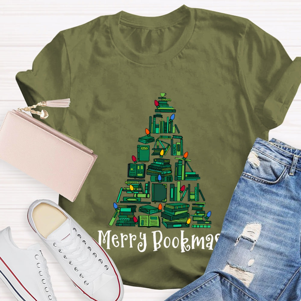 Merry Bookmas Christmas Tree Shaped Books Christmas T-shirt
