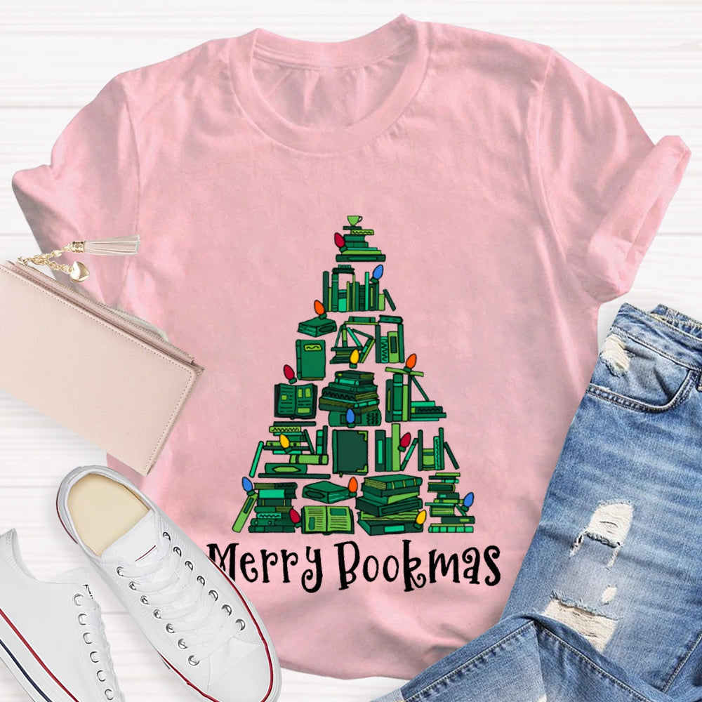 Merry Bookmas Christmas Tree Shaped Books Christmas T-shirt