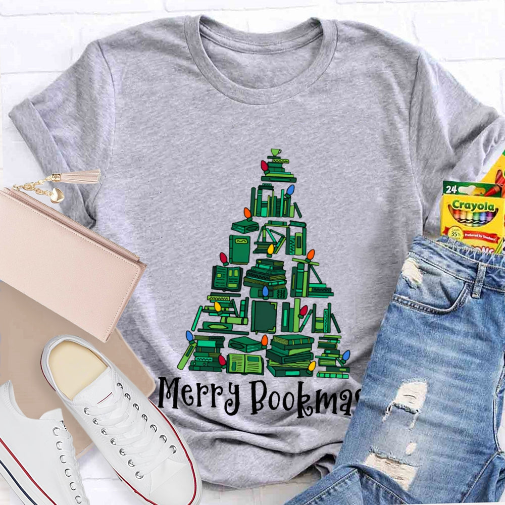 Merry Bookmas Christmas Tree Shaped Books Christmas T-shirt