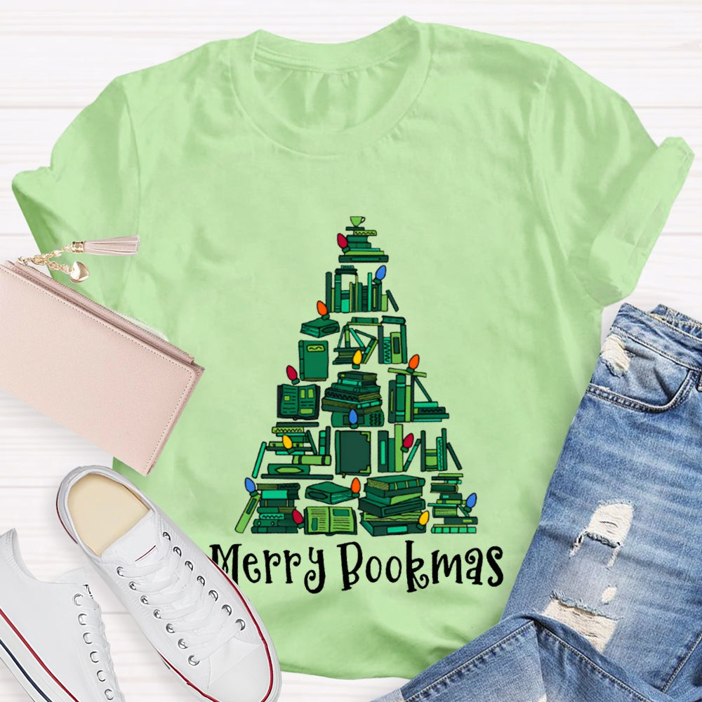 Merry Bookmas Christmas Tree Shaped Books Christmas T-shirt