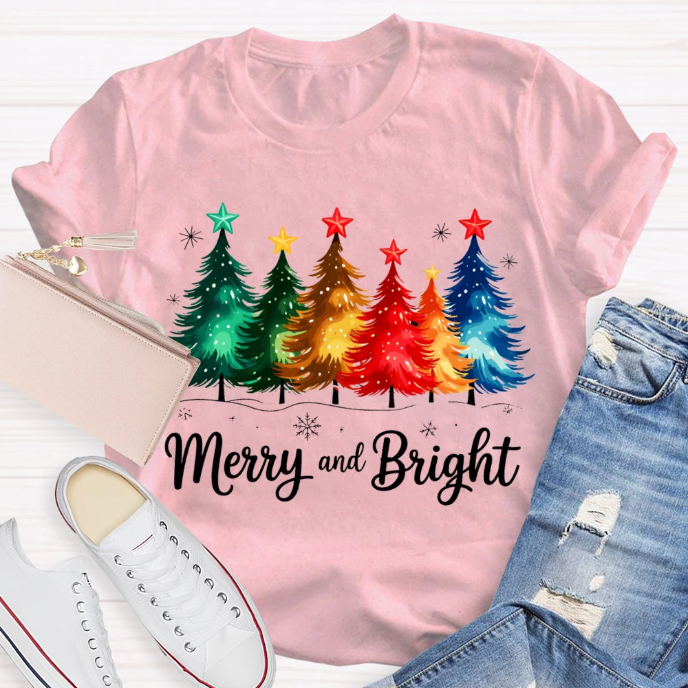 Merry And Bright Colorful Stars And Christmas Tree Christmas T-shirt