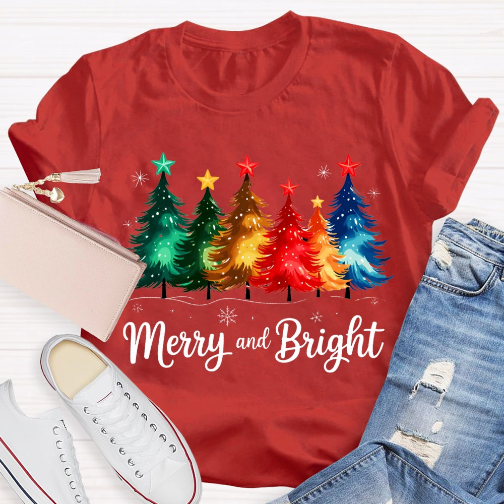 Merry And Bright Colorful Stars And Christmas Tree Christmas T-shirt