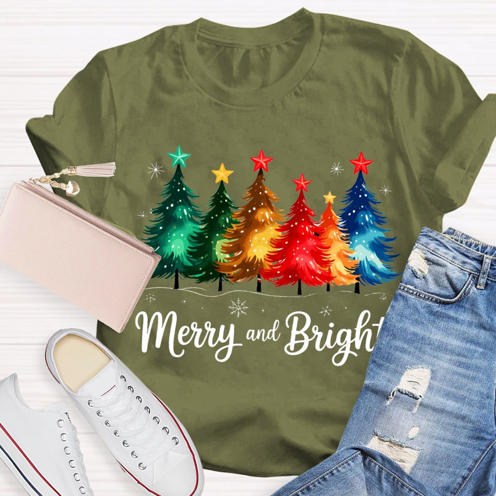 Merry And Bright Colorful Stars And Christmas Tree Christmas T-shirt