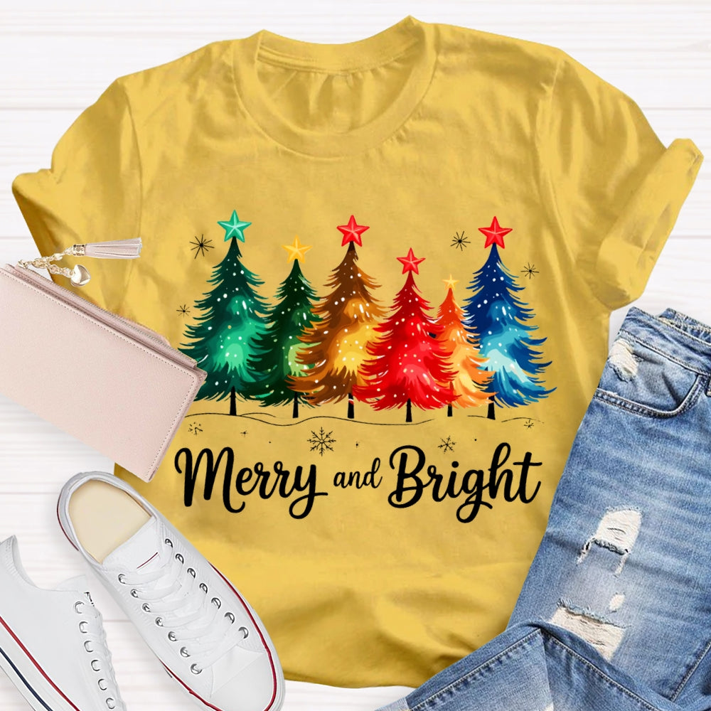 Merry And Bright Colorful Stars And Christmas Tree Christmas T-shirt