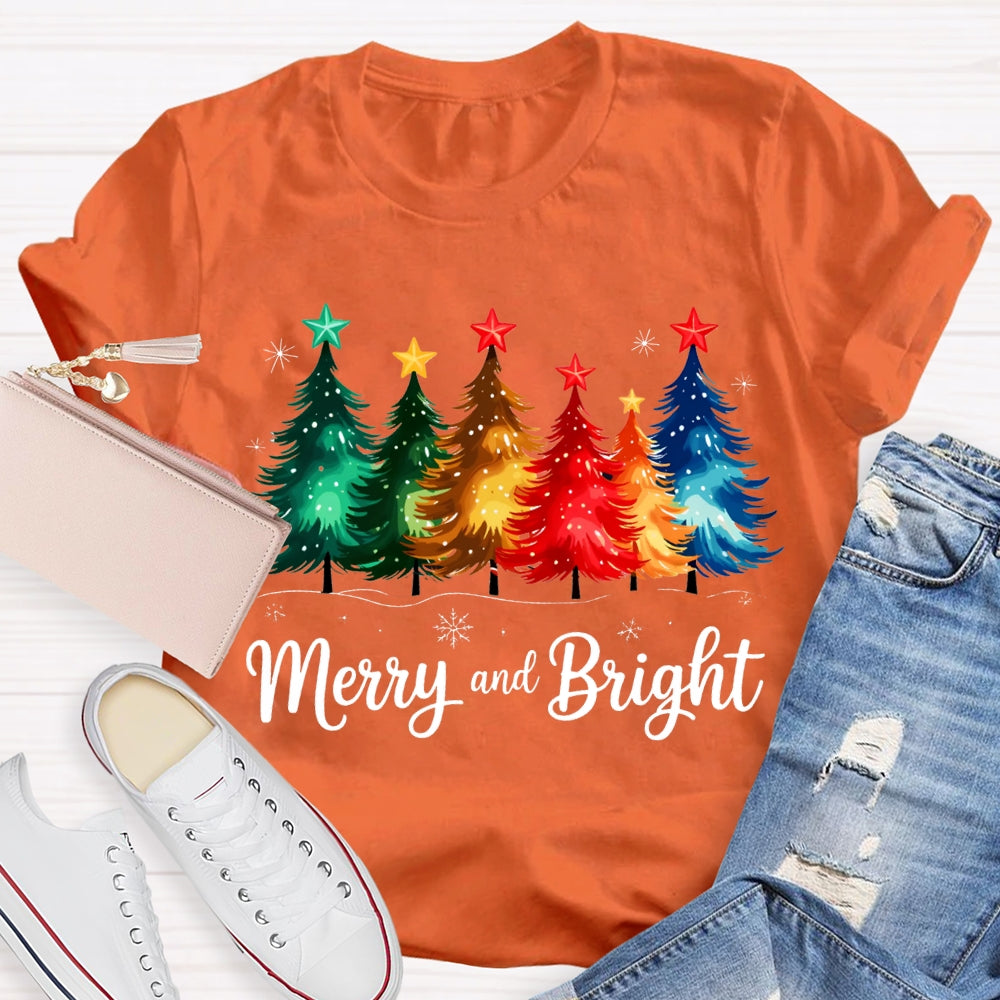 Merry And Bright Colorful Stars And Christmas Tree Christmas T-shirt