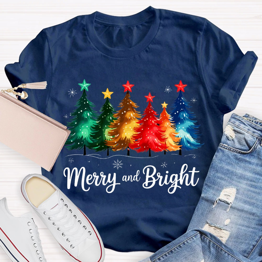 Merry And Bright Colorful Stars And Christmas Tree Christmas T-shirt