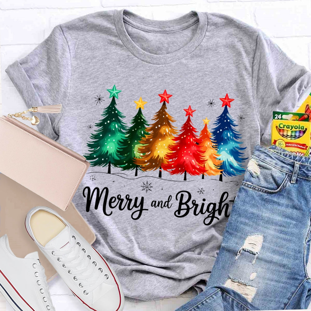 Merry And Bright Colorful Stars And Christmas Tree Christmas T-shirt