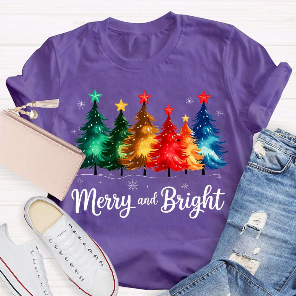 Merry And Bright Colorful Stars And Christmas Tree Christmas T-shirt