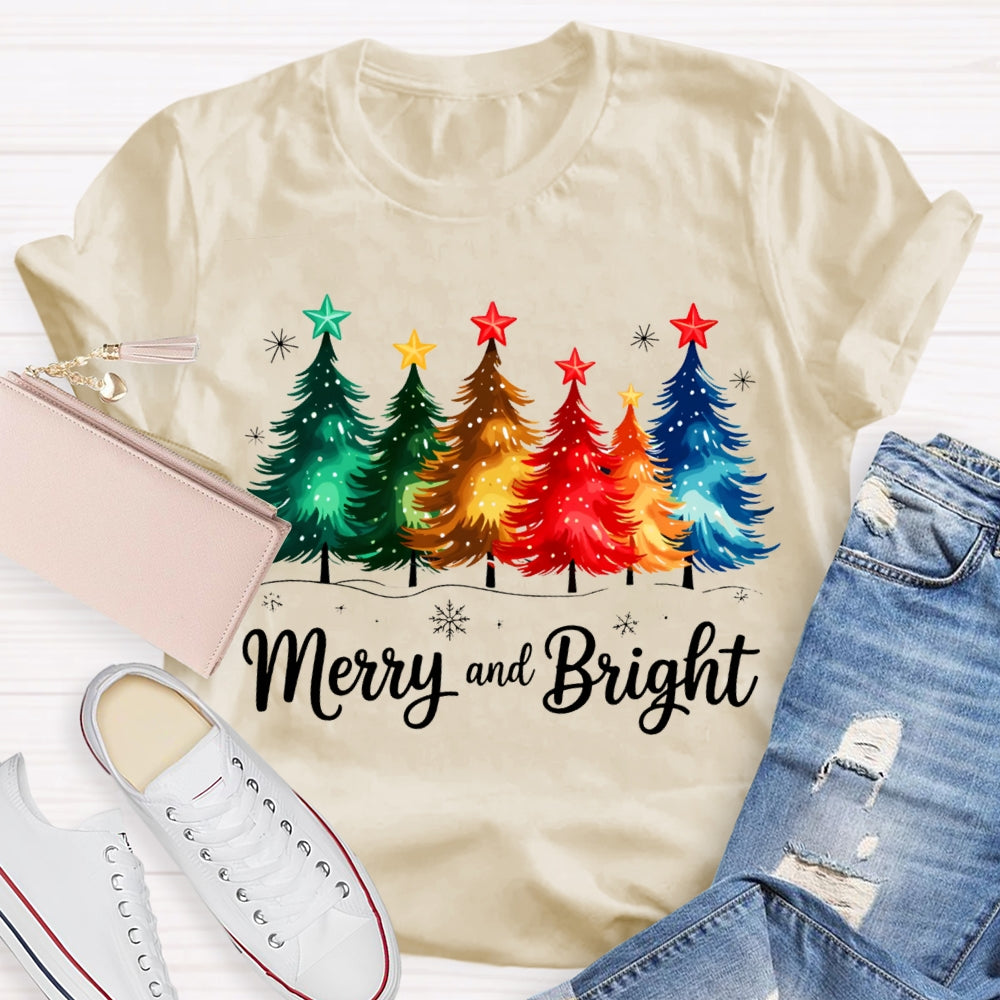 Merry And Bright Colorful Stars And Christmas Tree Christmas T-shirt