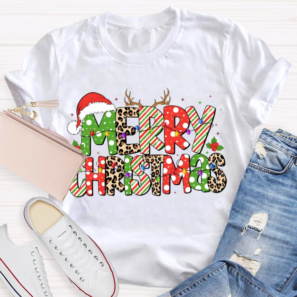 Merry Christmas Hat Leopard Color Font Christmas T-shirt