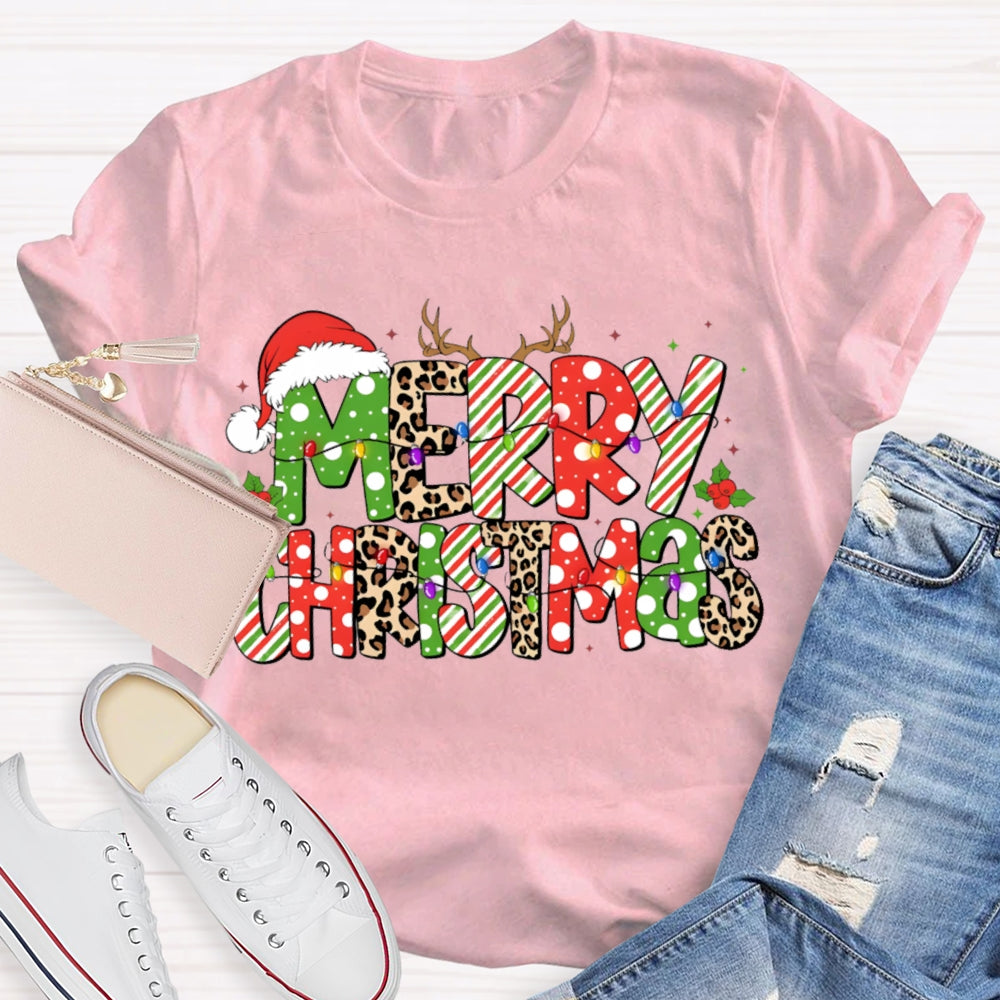 Merry Christmas Hat Leopard Color Font Christmas T-shirt