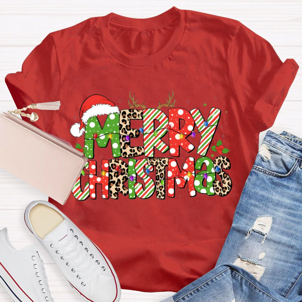 Merry Christmas Hat Leopard Color Font Christmas T-shirt