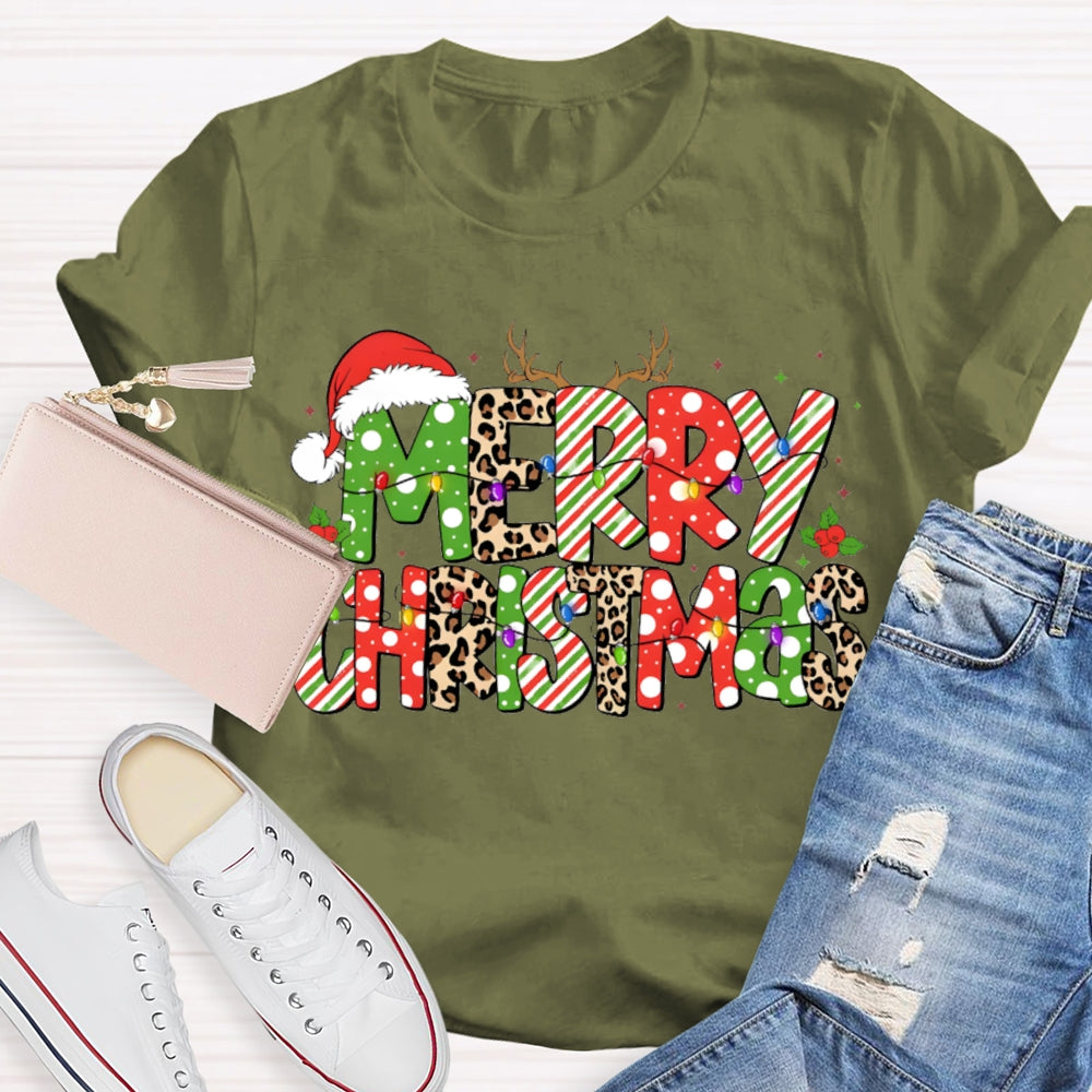 Merry Christmas Hat Leopard Color Font Christmas T-shirt