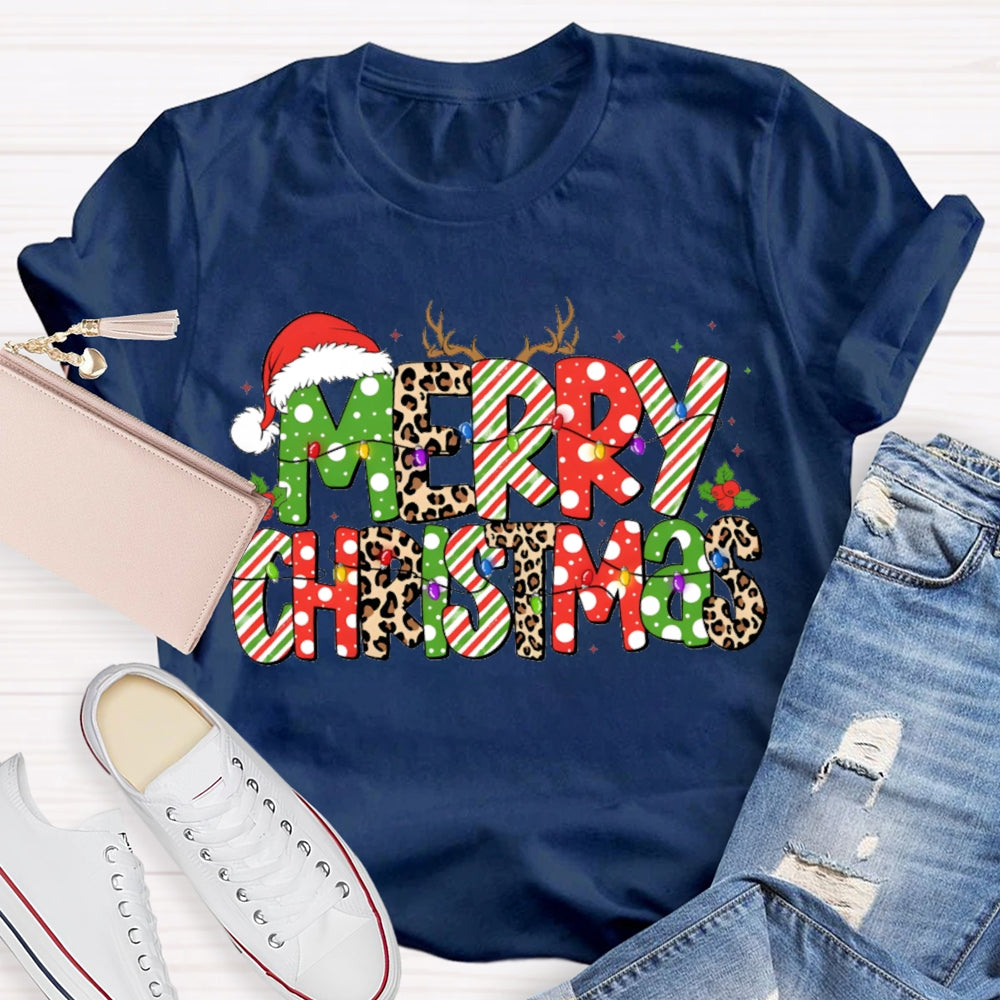 Merry Christmas Hat Leopard Color Font Christmas T-shirt