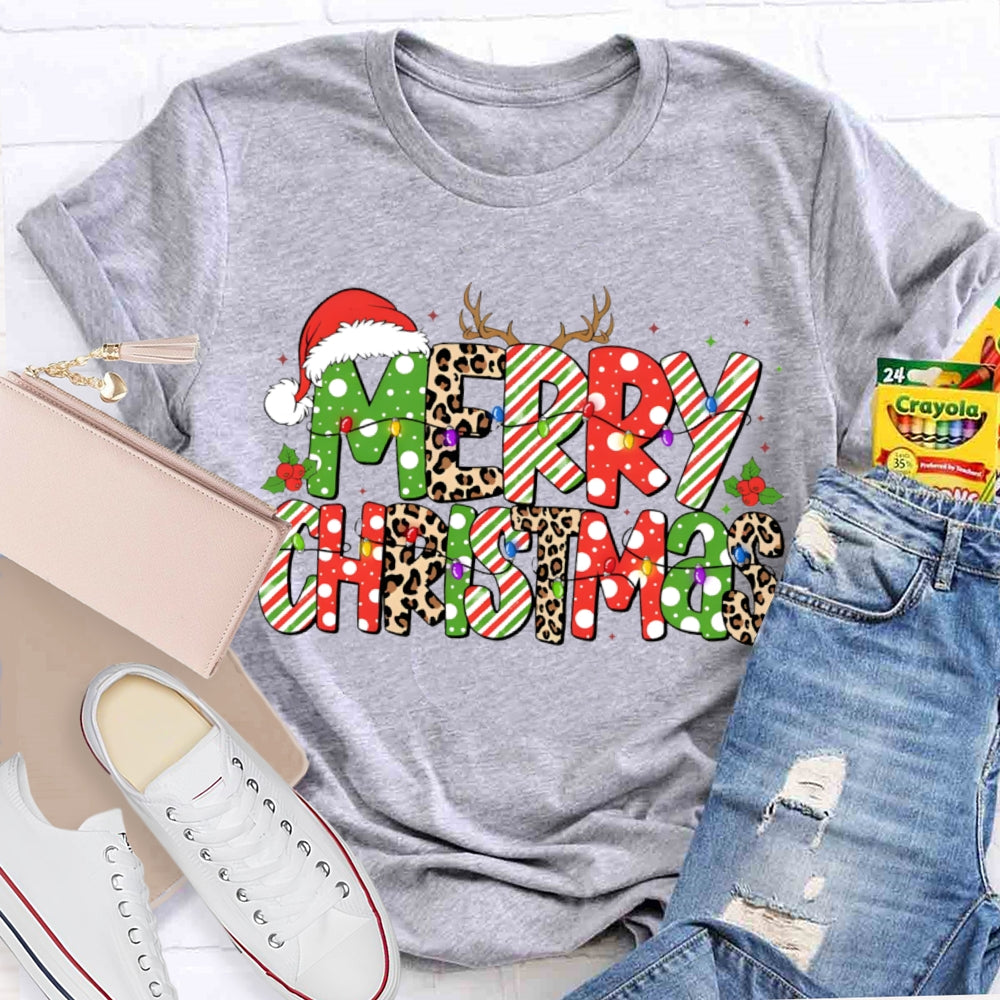 Merry Christmas Hat Leopard Color Font Christmas T-shirt