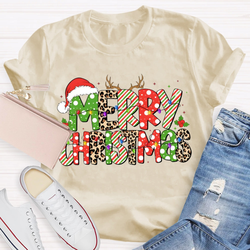 Merry Christmas Hat Leopard Color Font Christmas T-shirt