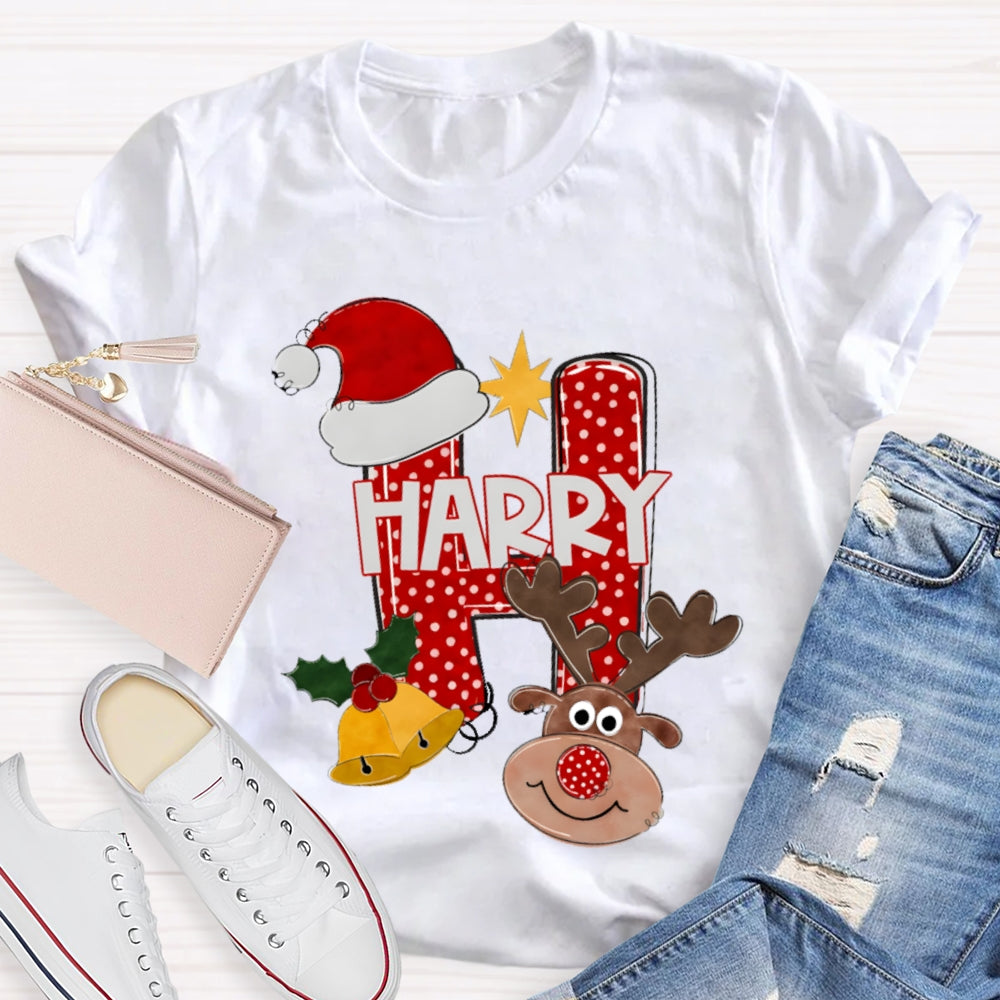 H Is For Happy Santa Hat And Elk Christmas Tree T-shirt