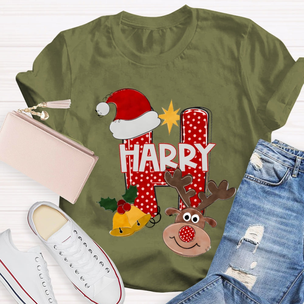 H Is For Happy Santa Hat And Elk Christmas Tree T-shirt